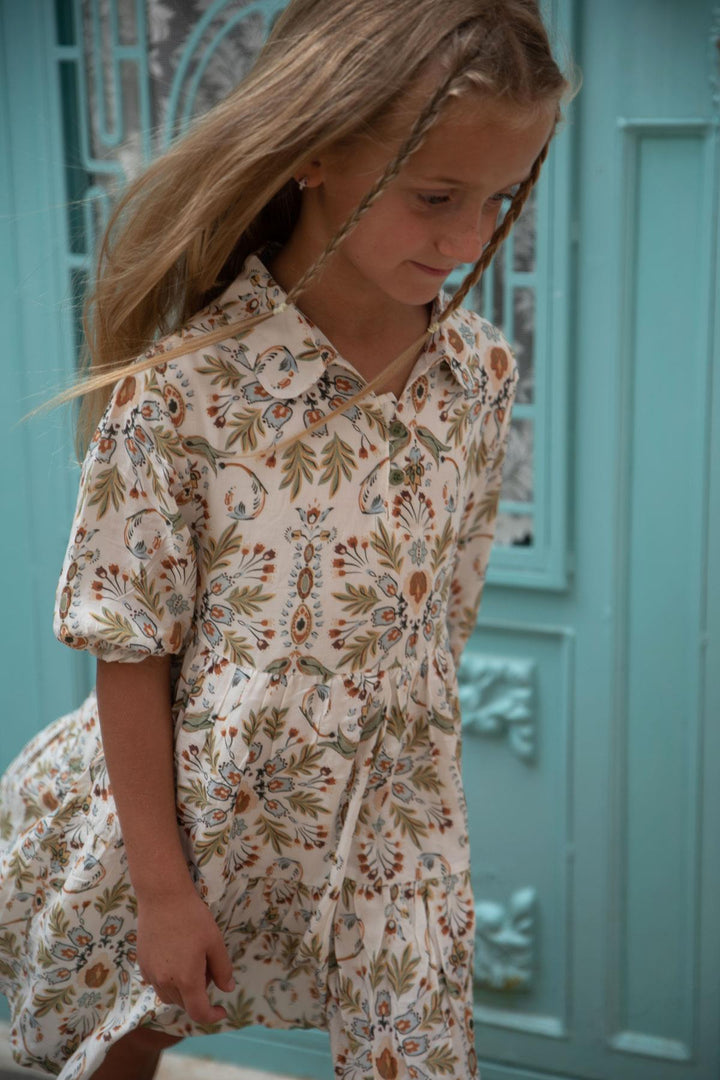BRE Escabel Girl's Dress with Flower Motif Ruffled Sleeves 5-9 Years, Ecru - Warwick