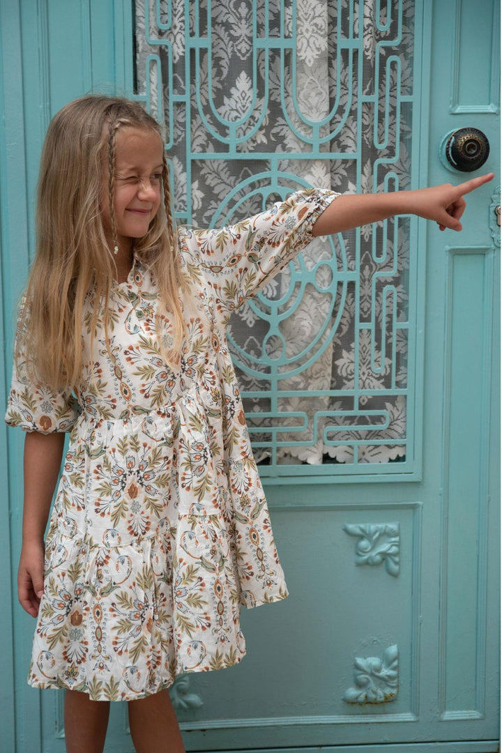 BRE Escabel Girl's Dress with Flower Motif Ruffled Sleeves 5-9 Years, Ecru - Warwick