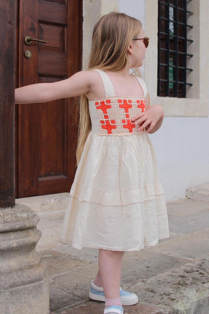 BRE Escabel Girl's Dress Knitted with Straps and Motifs, 5-9 Years, Cream - Hueyapan de Ocampo