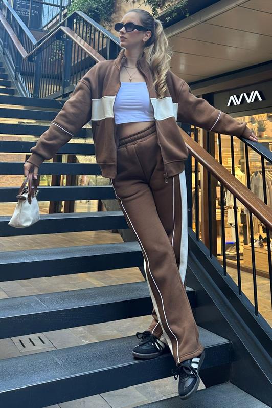 MDX Brown High Neck Zippered Striped Tracksuit MG2216 - Messina