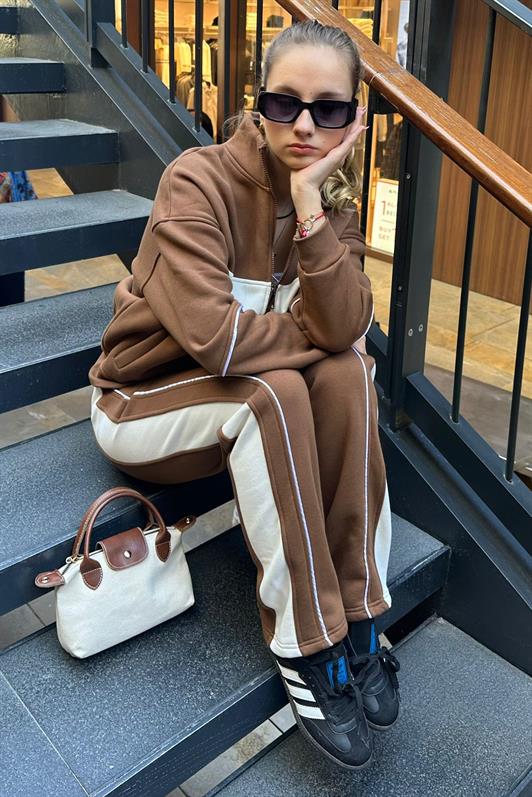 MDX Brown High Neck Zippered Striped Tracksuit MG2216 - Messina