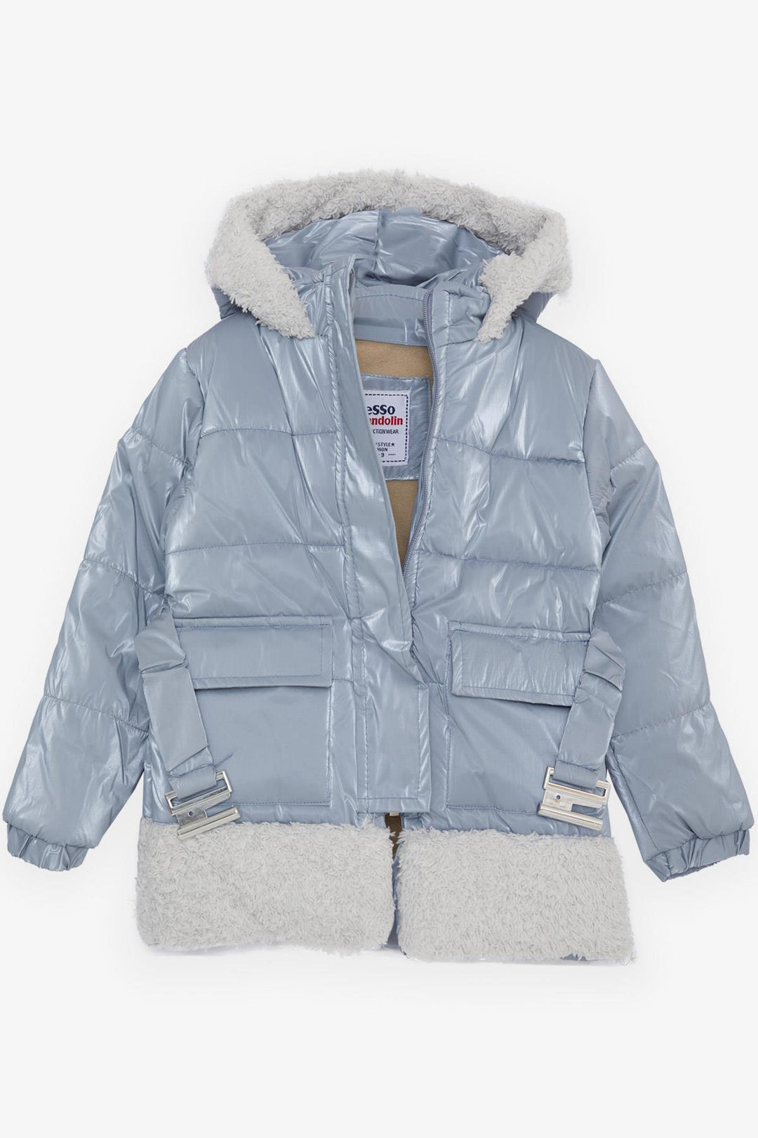BRE Esso Mandolin Girl's Coat with Belted Plush Hooded Hood, 2-6 Years, Ice Blue - Cranbourne