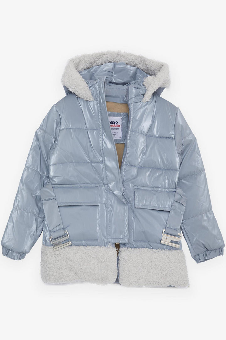 BRE Esso Mandolin Girl's Coat with Belted Plush Hooded Hood, 2-6 Years, Ice Blue - Cranbourne