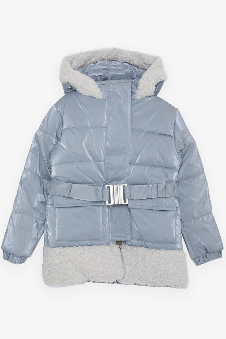 BRE Esso Mandolin Girl's Coat with Belted Plush Hooded Hood, 2-6 Years, Ice Blue - Cranbourne