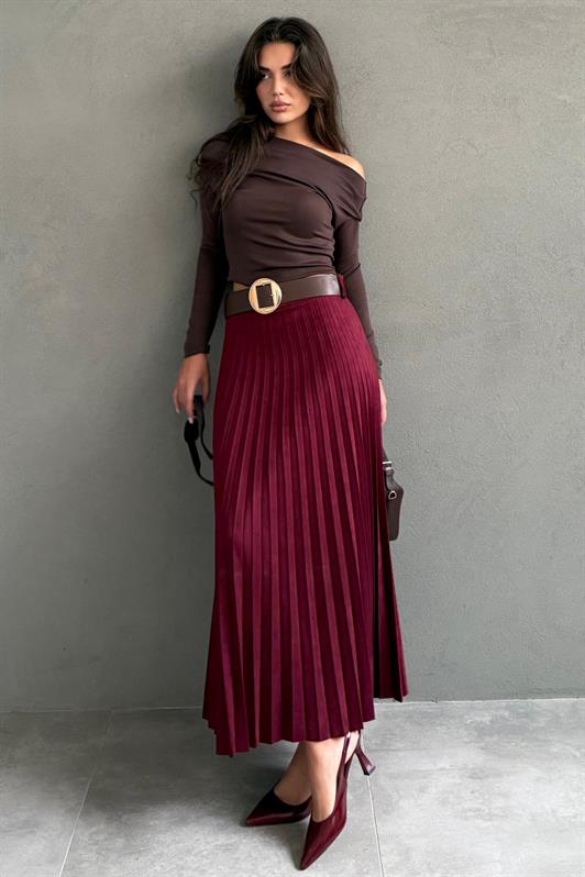 MDX Bordo Pileli Kemerli Uzun Süet Kadın Etek MG2576 - Lluchmayor