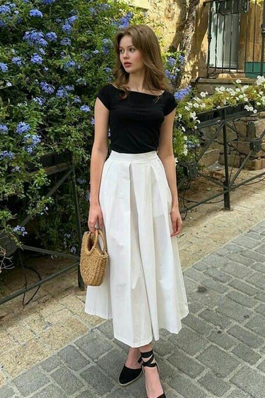 MDX White Pleated Pocketed Women's Midi Skirt Mg2536 - Fushë Kosovë