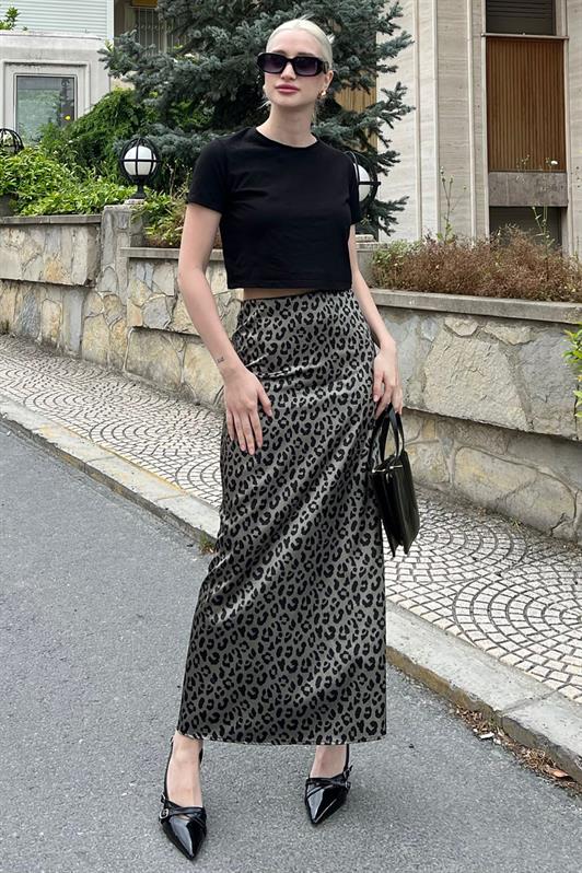 MDX Green Leopard Print Satin Midi Skirt MG2079 - Pamplona