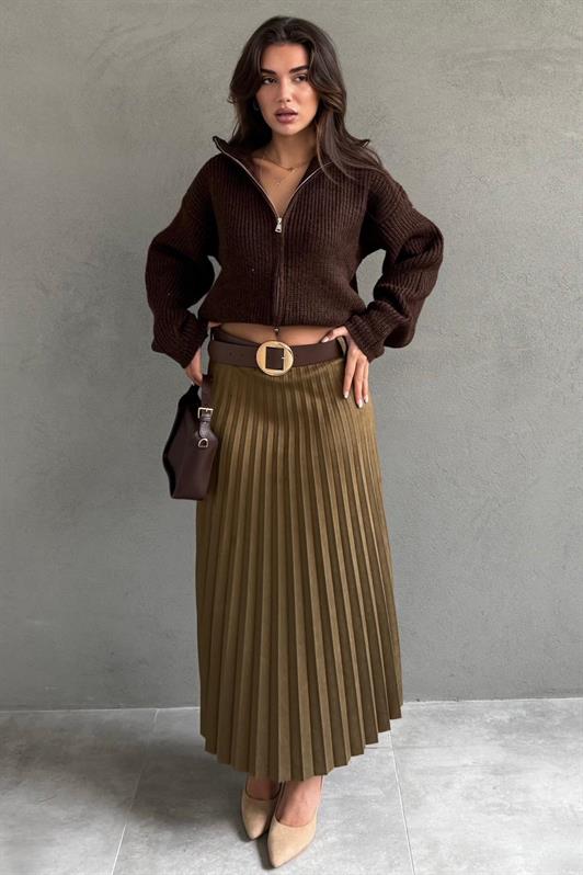 MDX Haki Pleated Belted Long Suede Women's Skirt MG2576 - Sesto Fiorentino