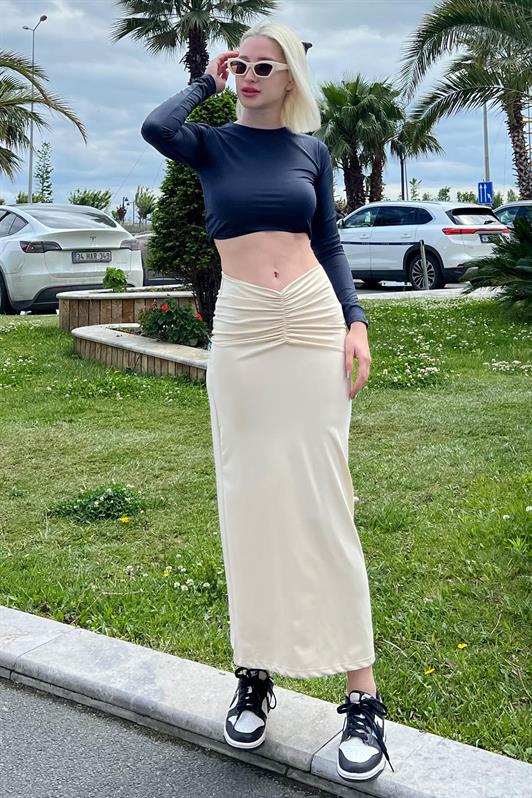 MDX Beige Front Ruched Midi Skirt MG2084 - Tlacotepec