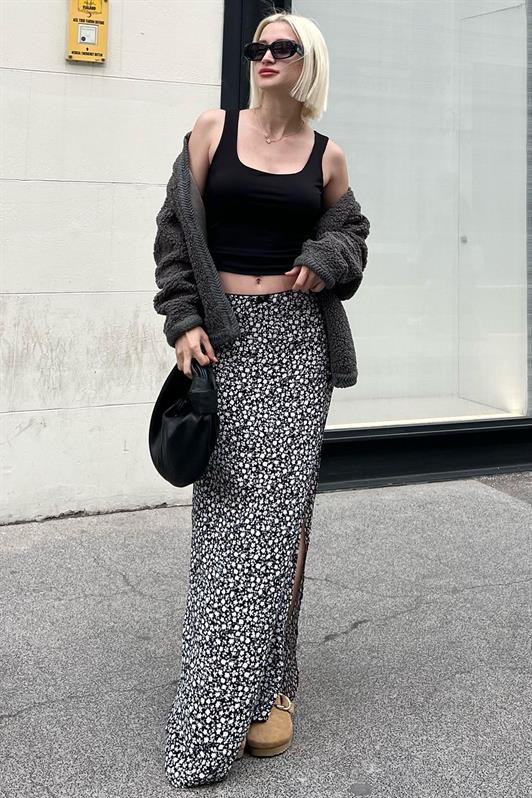 MDX Black Flower Patterned Slit Midi Skirt MG2082 - Orsha
