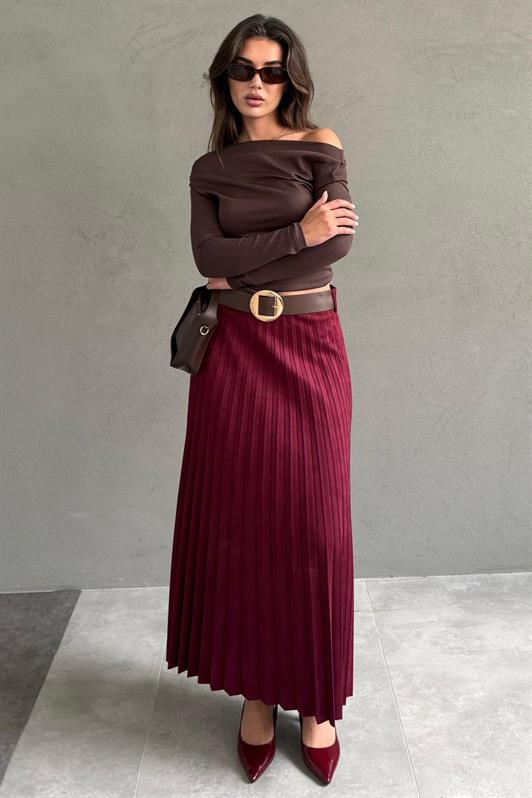 MDX Bordo Pileli Kemerli Uzun Süet Kadın Etek MG2576 - Lluchmayor
