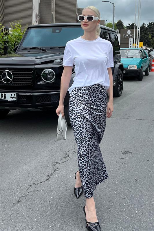 MDX Gray Leopard Patterned Satin Midi Skirt MG2079 - Ciampino