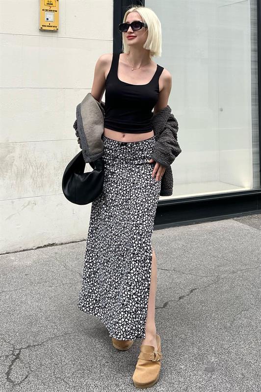MDX Black Flower Patterned Slit Midi Skirt MG2082 - Orsha