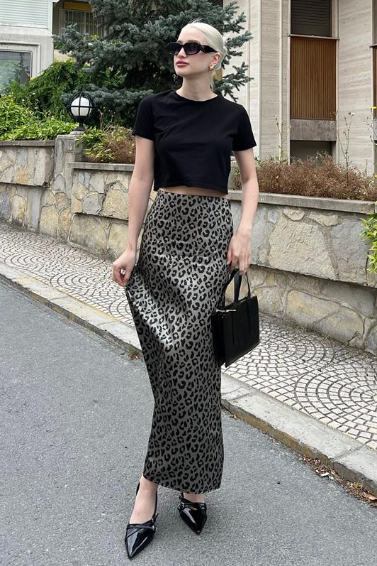 MDX Green Leopard Print Satin Midi Skirt MG2079 - Pamplona