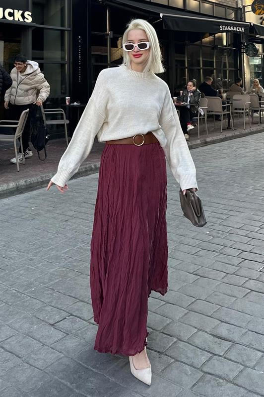 MDX Burgundy Wrinkled Pattern Midi Length Women's Skirt MG2266 - Tecate