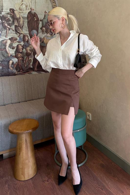 MDX Brown Slit Detailed Women's Shorts Skirt MG2315 - Roquetas de Mar