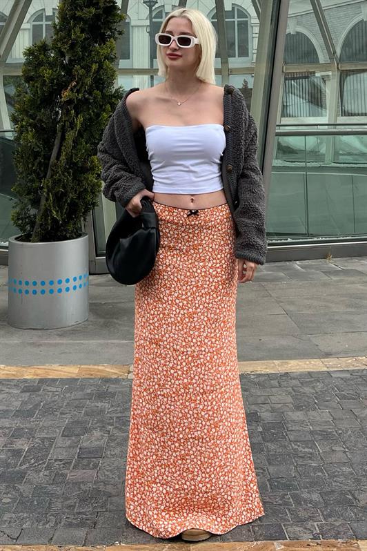 MDX Orange Flower Patterned Slit Midi Skirt MG2082 - Apan