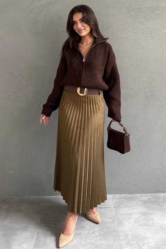 MDX Haki Pleated Belted Long Suede Women's Skirt MG2576 - Sesto Fiorentino