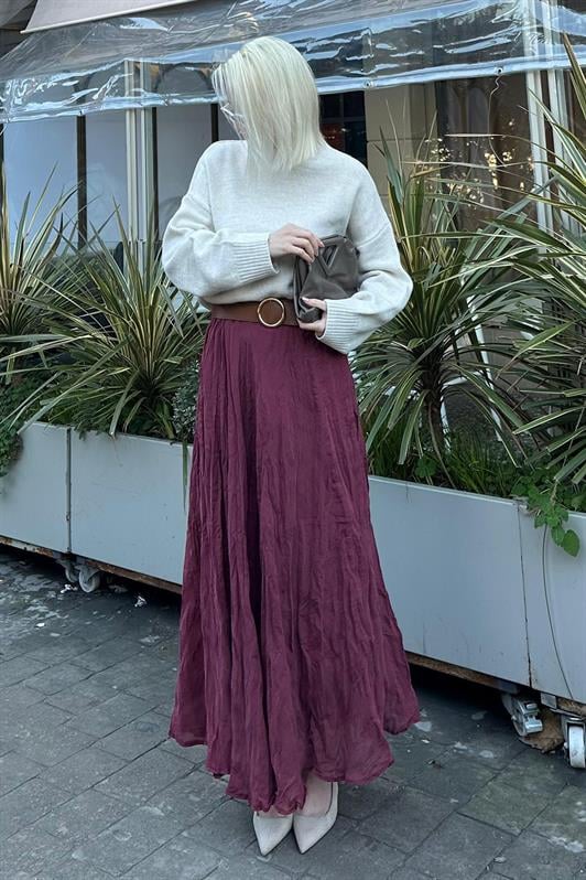 MDX Burgundy Wrinkled Pattern Midi Length Women's Skirt MG2266 - Tecate