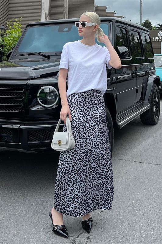 MDX Gray Leopard Patterned Satin Midi Skirt MG2079 - Ciampino