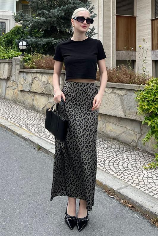 MDX Green Leopard Print Satin Midi Skirt MG2079 - Pamplona