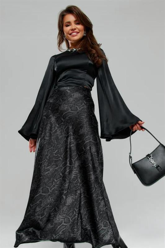 MDX Black Patterned Satin Women's Long Skirt Mg2333 - College Station
