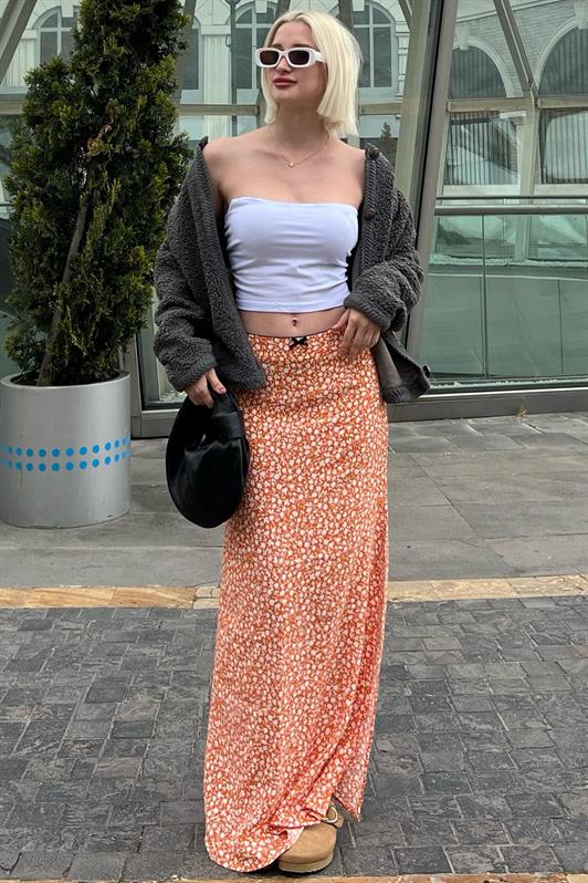 MDX Orange Flower Patterned Slit Midi Skirt MG2082 - Apan
