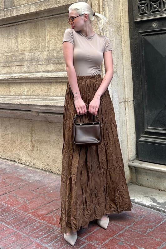 MDX Brown Wrinkled Pattern Midi Length Women's Skirt MG2266 - Lübeck