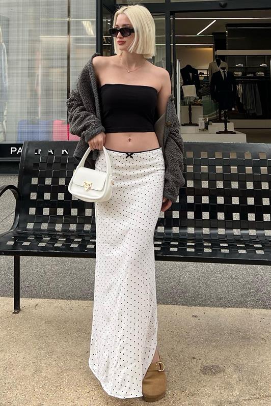 MDX White Polka Dot Slit Midi Skirt MG2082 - Gastonia