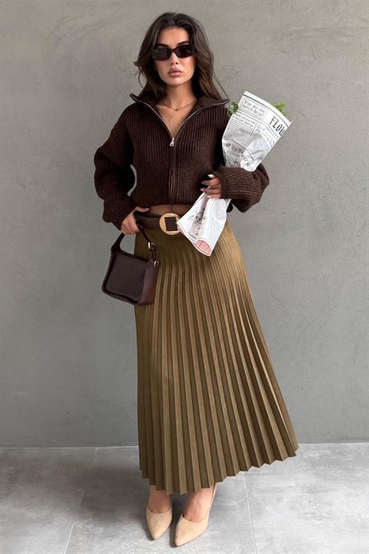 MDX Haki Pleated Belted Long Suede Women's Skirt MG2576 - Sesto Fiorentino