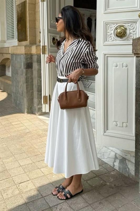 MDX White Pleated Pocketed Women's Midi Skirt Mg2536 - Fushë Kosovë