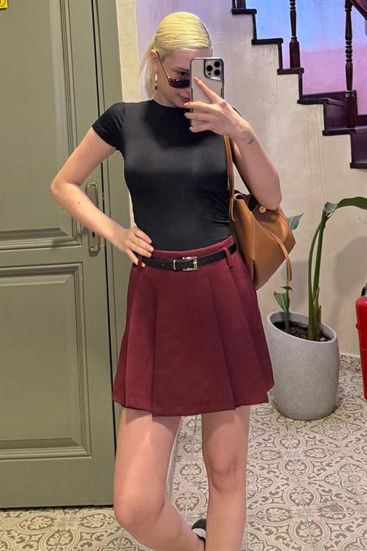 MDX Burgundy Pleated Women's Mini Shorts Skirt Mg2402 - Bath