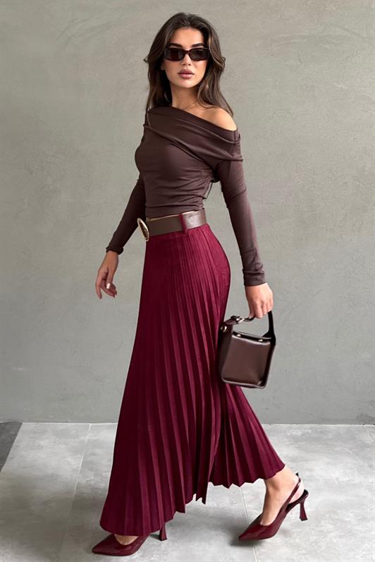 MDX Bordo Pileli Kemerli Uzun Süet Kadın Etek MG2576 - Lluchmayor