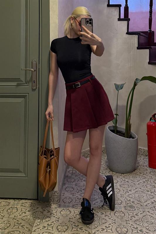 MDX Burgundy Pleated Women's Mini Shorts Skirt Mg2402 - Bath