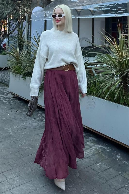 MDX Burgundy Wrinkled Pattern Midi Length Women's Skirt MG2266 - Tecate