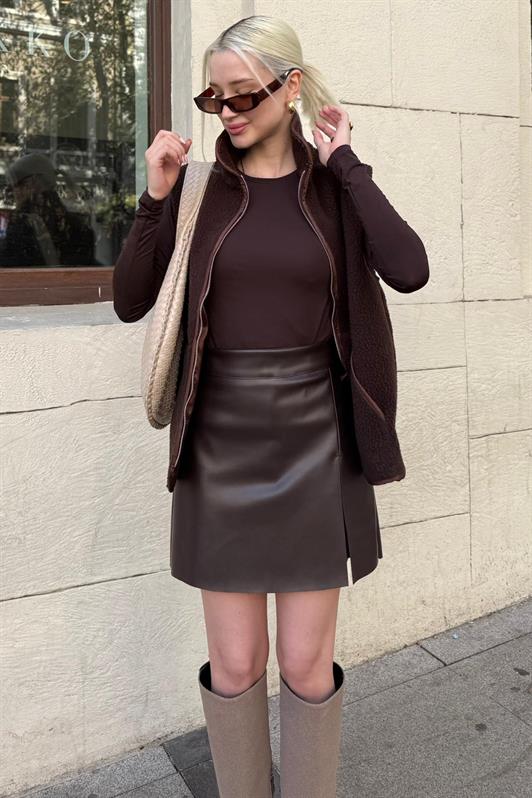 MDX Acı Kahverengi Mini Boy Kadın Deri Etek MG2298 - Veghel