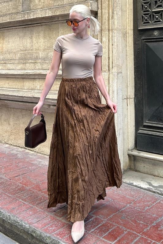 MDX Brown Wrinkled Pattern Midi Length Women's Skirt MG2266 - Lübeck
