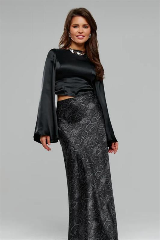MDX Black Patterned Satin Women's Long Skirt Mg2333 - College Station
