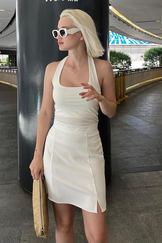MDX White High Waist Front Slit Short Skirt MG2086 - Ashton