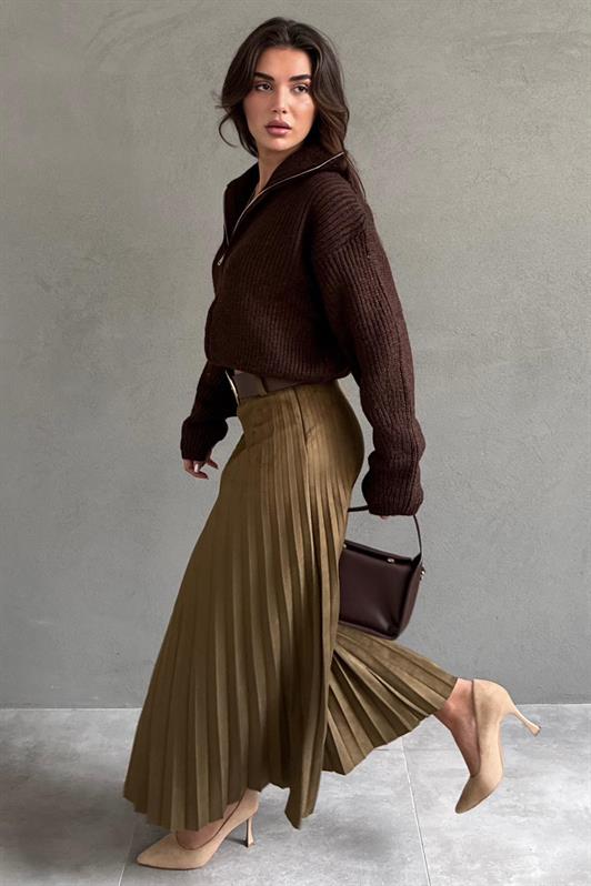 MDX Haki Pleated Belted Long Suede Women's Skirt MG2576 - Sesto Fiorentino