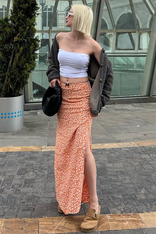 MDX Orange Flower Patterned Slit Midi Skirt MG2082 - Apan