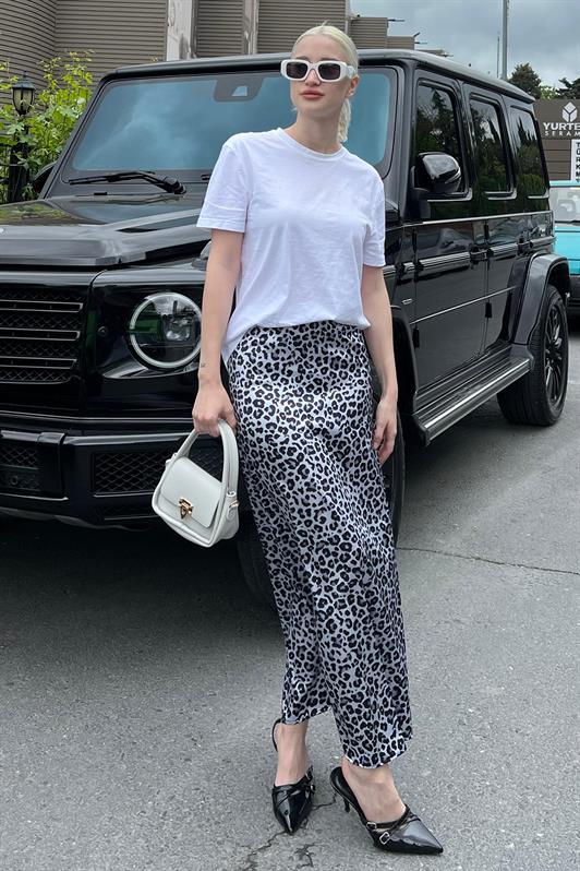 MDX Gray Leopard Patterned Satin Midi Skirt MG2079 - Ciampino