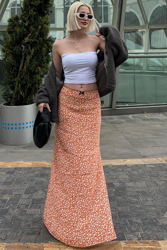 MDX Orange Flower Patterned Slit Midi Skirt MG2082 - Apan