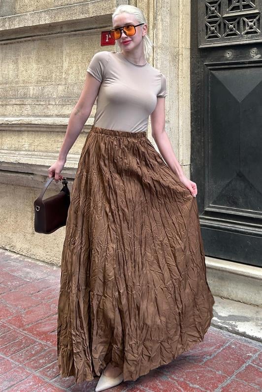 MDX Brown Wrinkled Pattern Midi Length Women's Skirt MG2266 - Lübeck