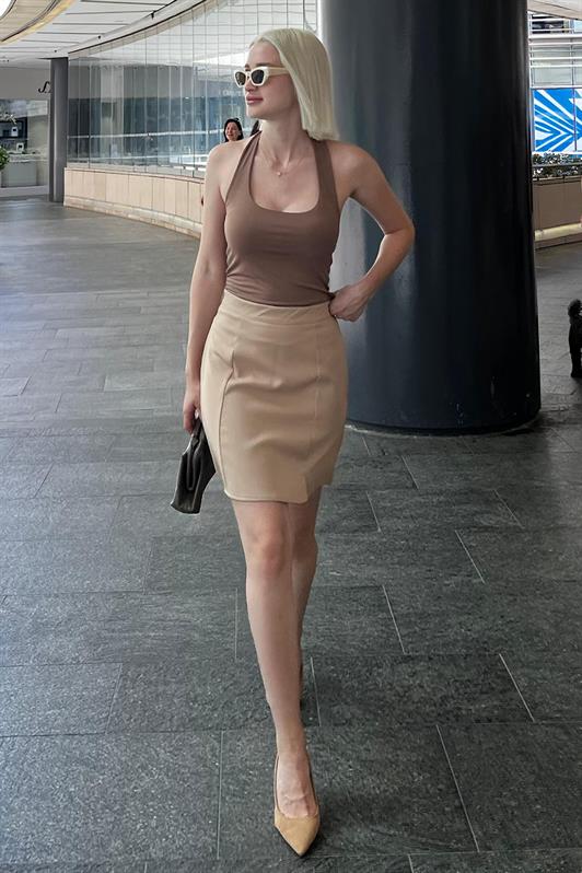 MDX Beige High Waist Front Slit Short Skirt MG2086 - Salamanca
