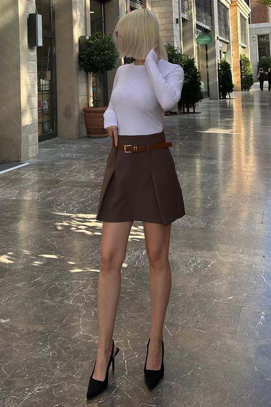 MDX Brown Pleated Belted Shorts Skirt Woman Skirt MG2247 - Linden