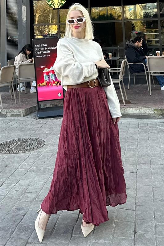 MDX Burgundy Wrinkled Pattern Midi Length Women's Skirt MG2266 - Tecate