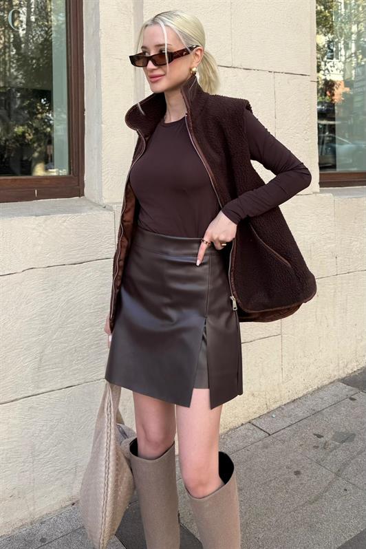 MDX Acı Kahverengi Mini Boy Kadın Deri Etek MG2298 - Veghel