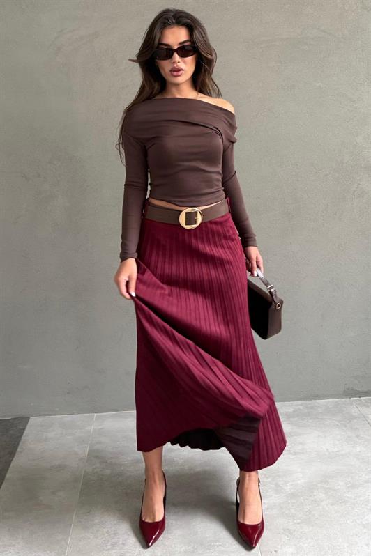 MDX Bordo Pileli Kemerli Uzun Süet Kadın Etek MG2576 - Lluchmayor