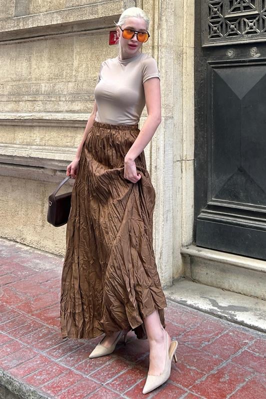 MDX Brown Wrinkled Pattern Midi Length Women's Skirt MG2266 - Lübeck